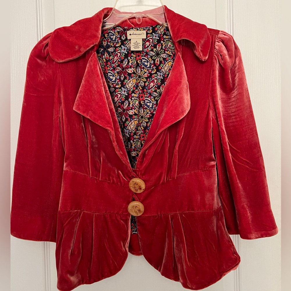 Elevenses Anthropologie Orange Velvet Silk Collared Button Crop Blazer Jacket 6